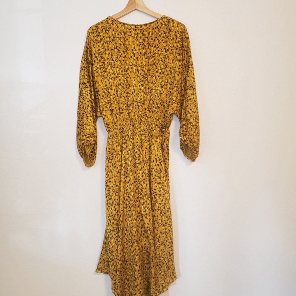 Anthropologie Marigold Smocked Waist Yellow 3/4 Sleeves Large V-neck Midi Dress - Picture 8 of 8